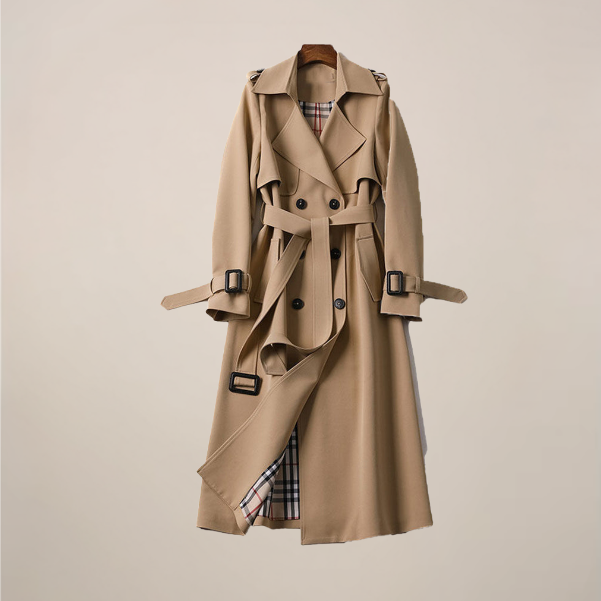 Women's beige belted trench coat double-breasted silhouette with structured lapels