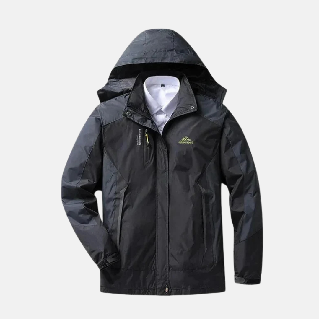 Women's black hooded jacket stand collar full-zip structured fit active outdoor polyester layer