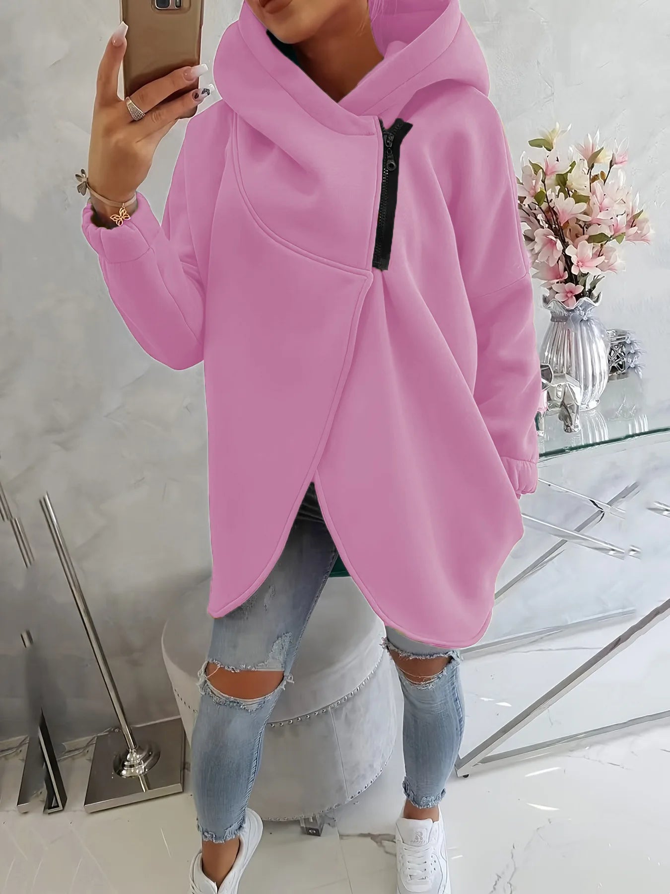 Women's asymmetrical zip hoodie wrap-front sculptural silhouette premium cotton-poly blend streetwear