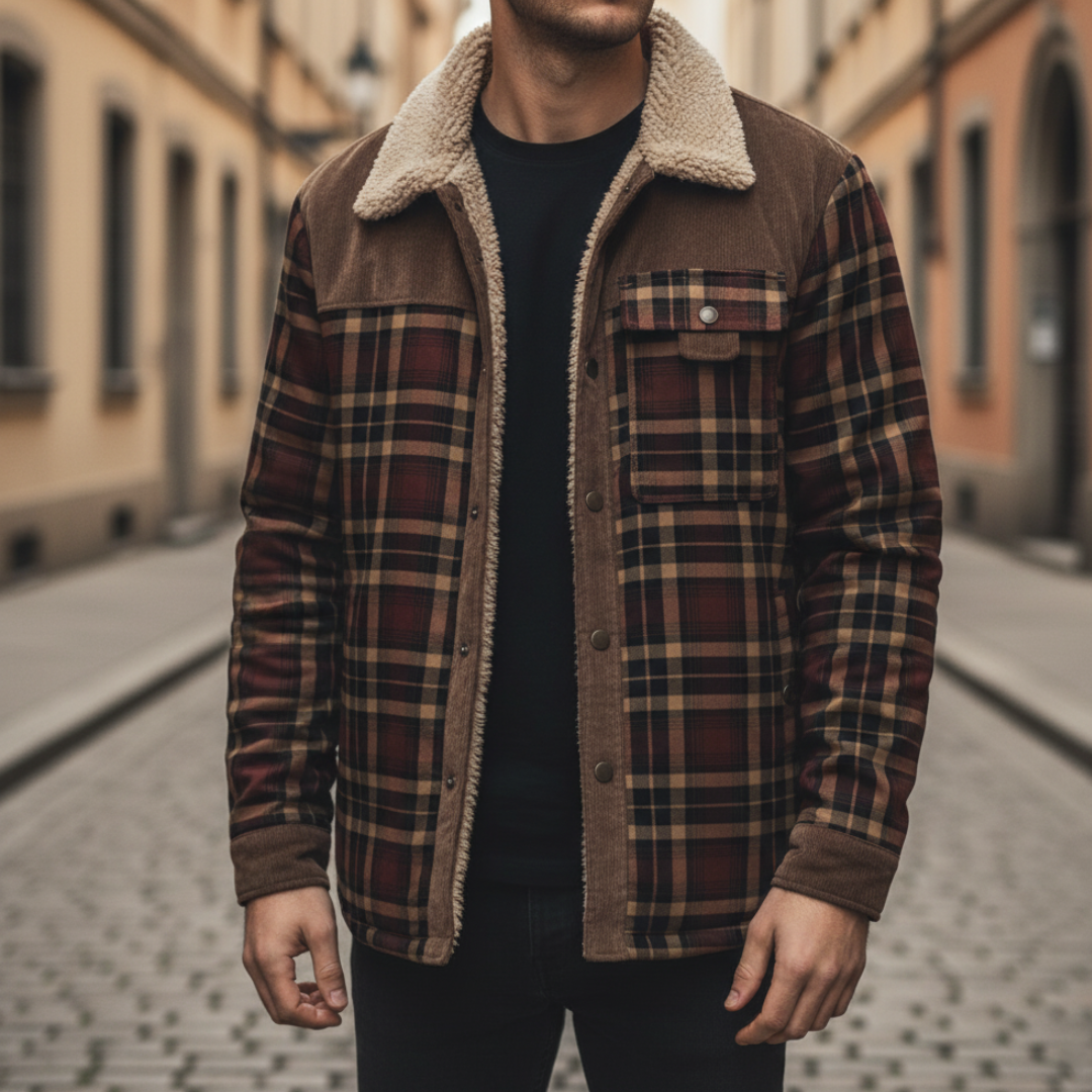 Men's plaid wool flannel sherpa shirt jacket with shearling lining for rugged cold-weather warmth