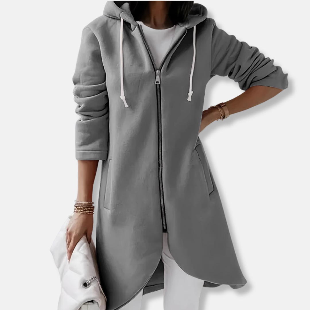 Women's gray knit hooded cardigan full-zip longline relaxed fit with asymmetrical high-low hem