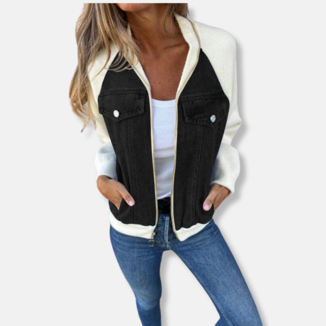 Women's relaxed-fit wool-look bomber jacket with denim details and zipper closure, urban chic style