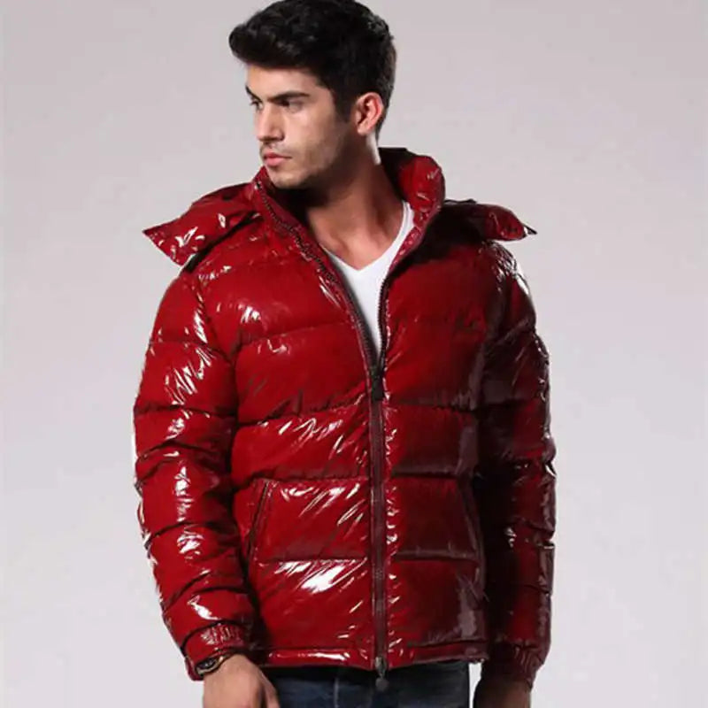 Men's shiny puffer jacket insulated winter coat with glossy finish and trendy quilted design