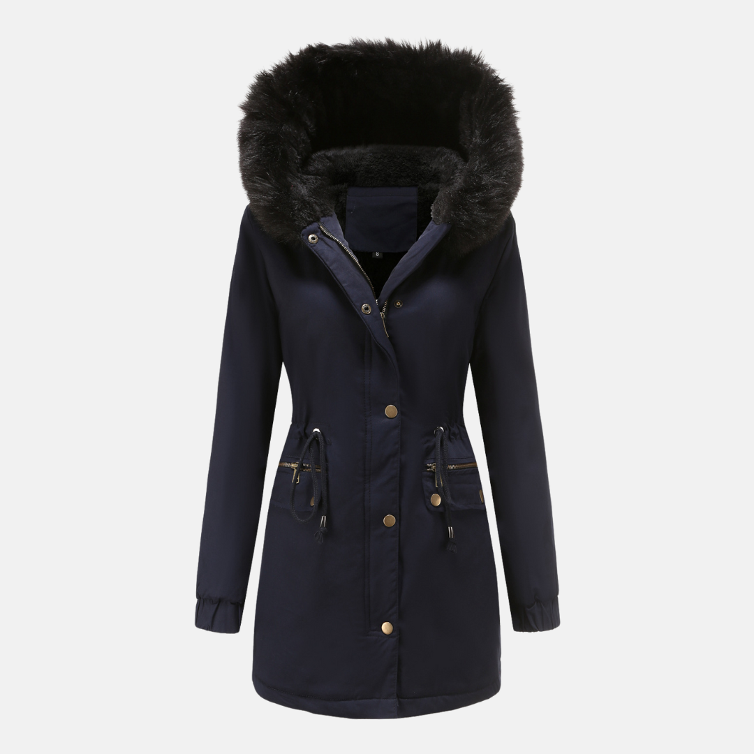 Women's longline parka jacket adjustable waist faux fur hood weather-resistant cozy winter coat