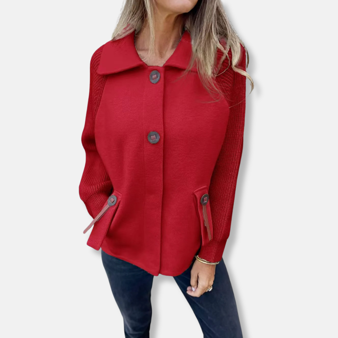 Women's relaxed fit jacket with textured knit sleeves, lapel collar, and button front closure