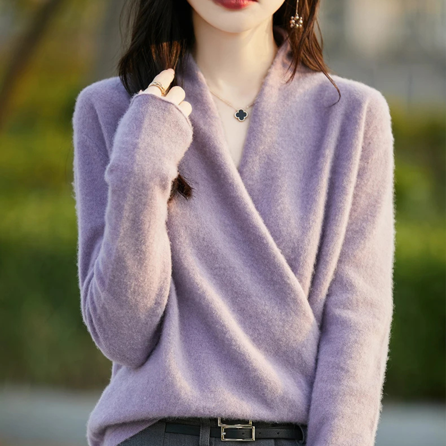 Vivienne women's merino wool wrap sweater, featherweight crossover V-neck minimalist knit