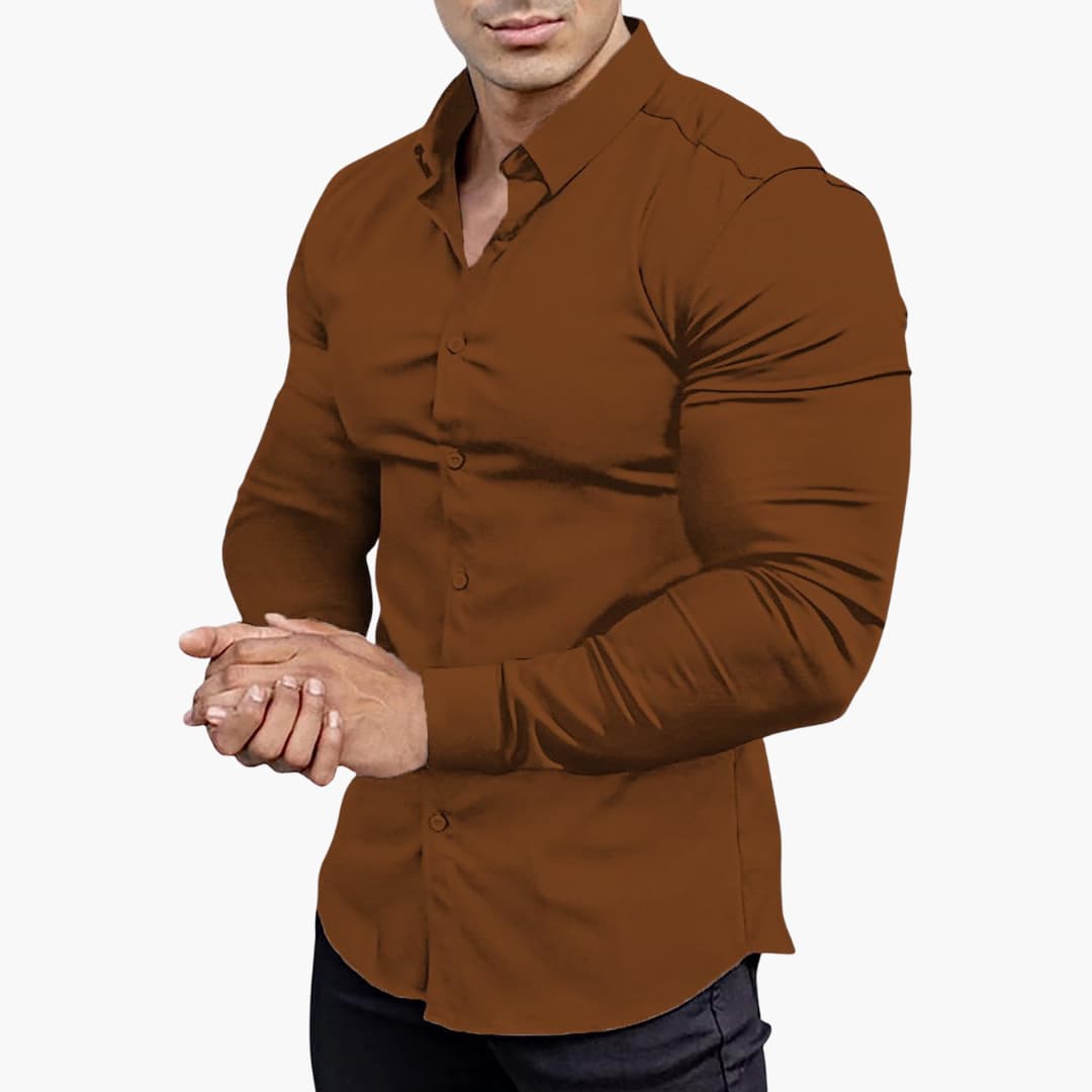 Men's slim fit dress shirt structured silhouette versatile office casual wear stretch fabric