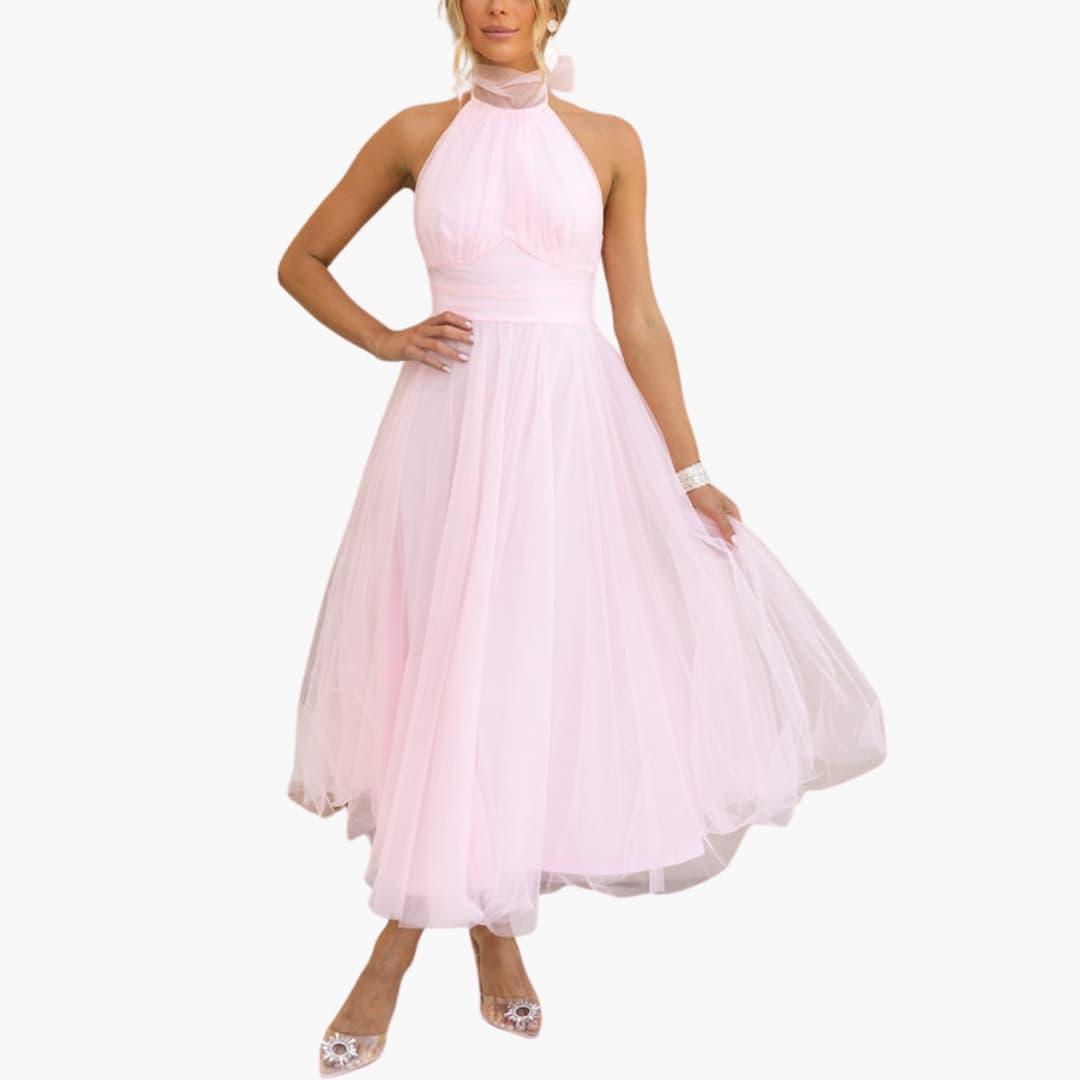 Women's black tulle halter neck maxi gown with elegant layered skirt for formal occasions