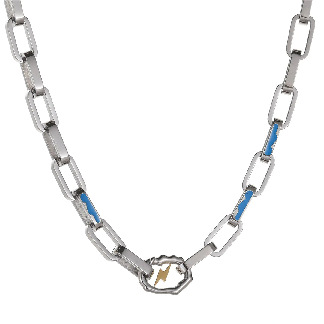 Titanium bolt-link bracelet with blue enamel lightning motif, unisex waterproof convertible necklace