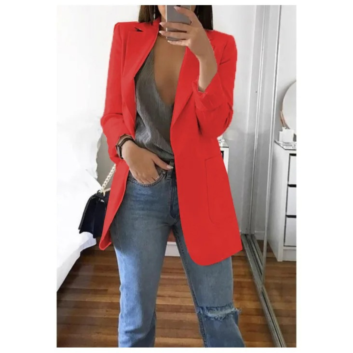 Women's long khaki blazer tailored fit elegant office style all-day comfort refined silhouette