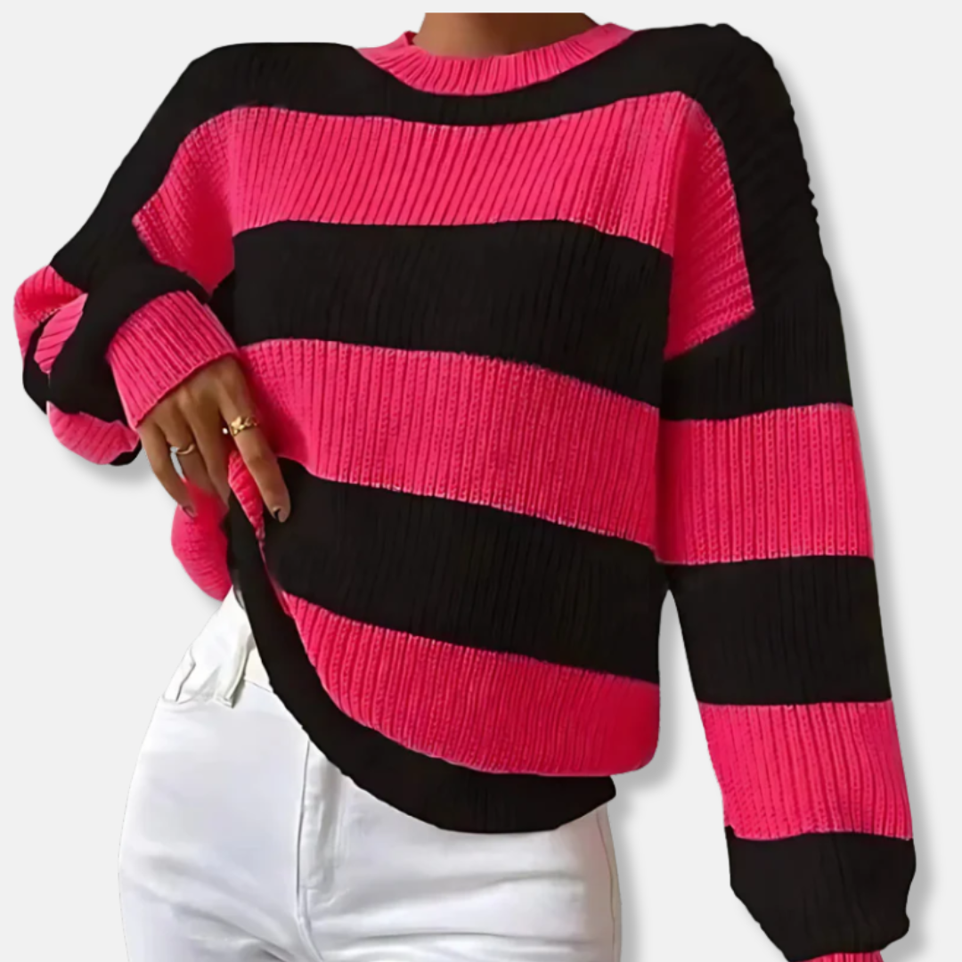Women's striped ribbed knit sweatshirt loose fit balloon sleeves round neck cozy everyday wear