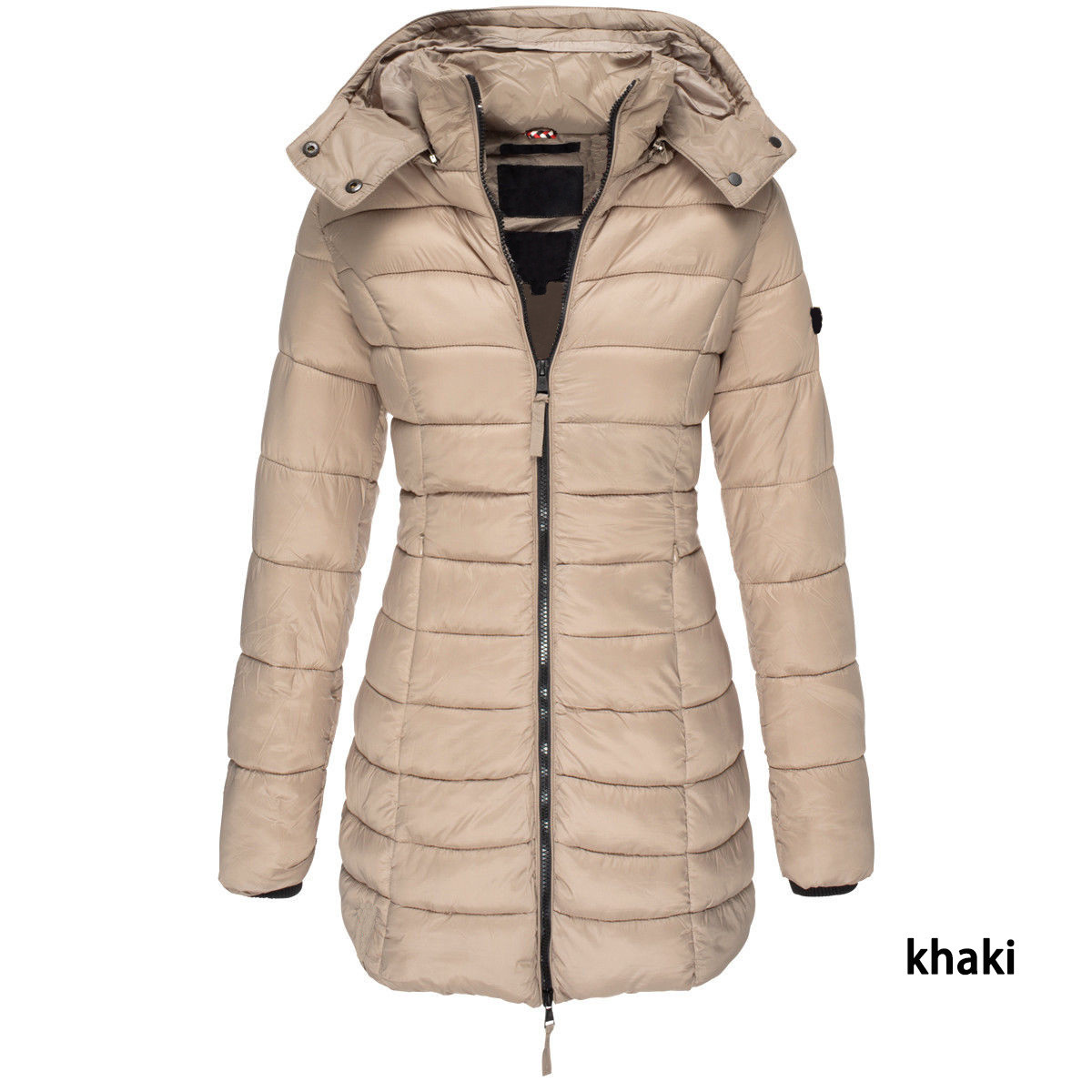 Unisex long quilted puffer jacket with hood, lightweight insulation, streamlined fit for cold weather