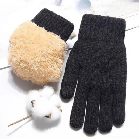 Men's black winter knit touchscreen gloves double-layer plush lining cold weather insulated