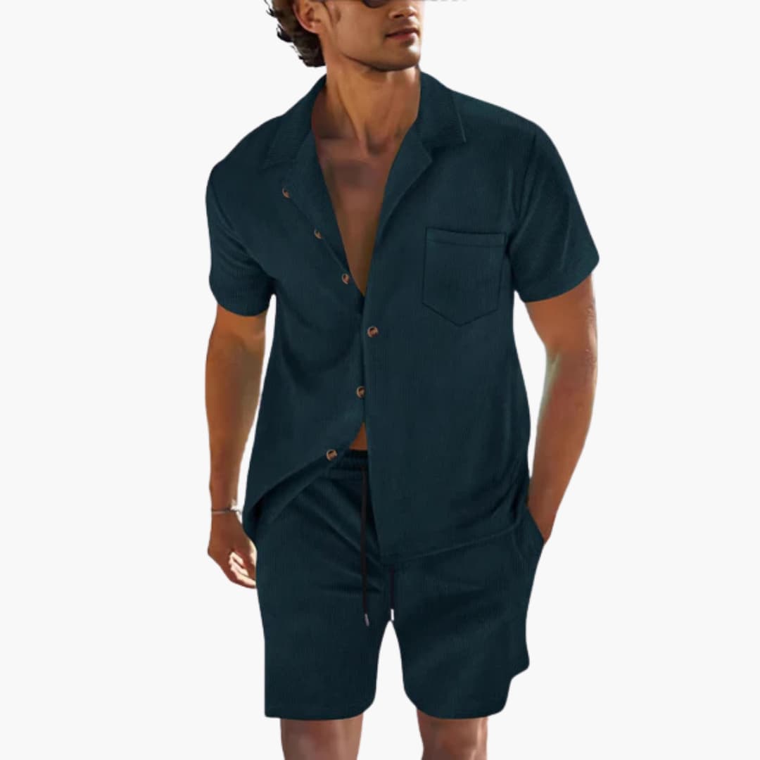 Men's lightweight relaxed-fit Cuban collar shirt and drawstring shorts two-piece summer set