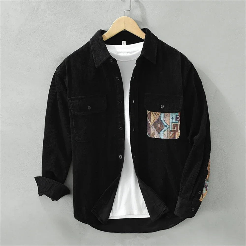 Men's relaxed fit corduroy shirt with mosaic patchwork panel detailing in multicolor vintage style