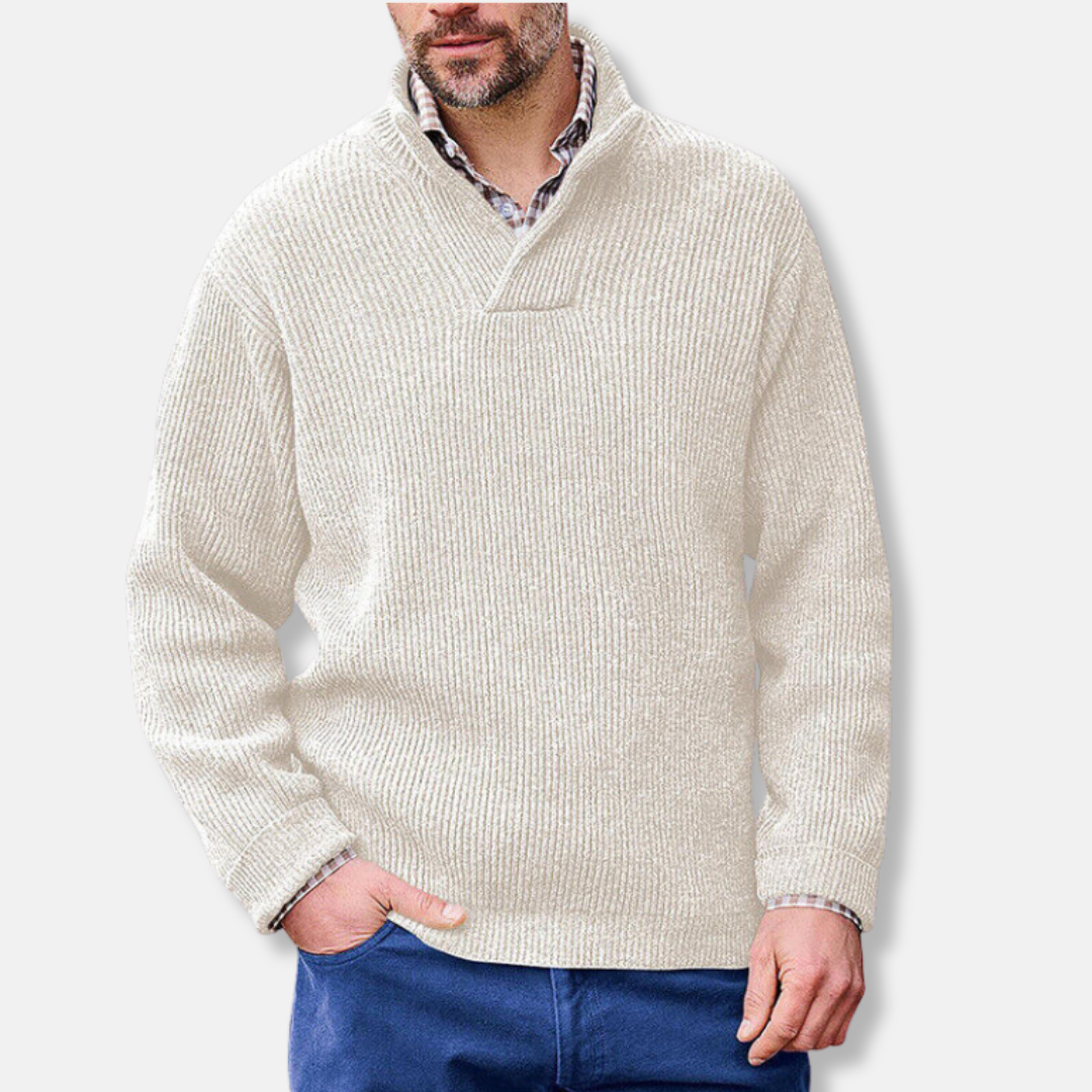 Men's grey cotton blend loose fit pullover sweatshirt with stand collar V-neck long sleeve