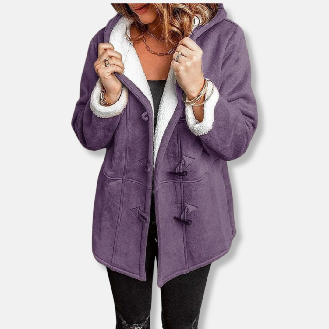 Women's mid-length fleece hoodie jacket with toggle closure, relaxed fit for cozy transitional wear