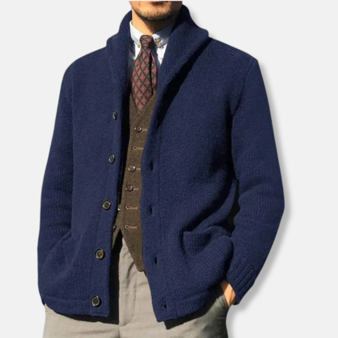 Men's wool-blend knit cardigan shawl collar button-front regular fit ribbed cuffs smart-casual style