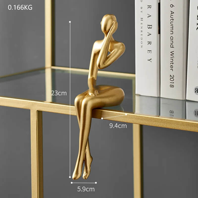 Abstract gold-tone resin statue seated human figurine minimalist modern decor sculpture for desk or shelf