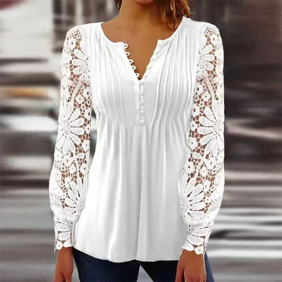 Women's ivory pleated blouse scalloped V-neckline with front button detail elegant versatile