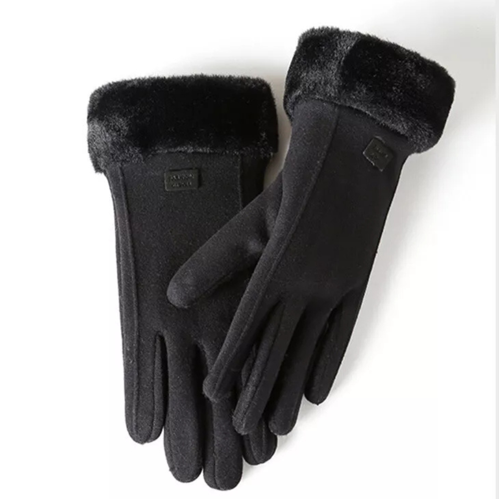Black windproof touchscreen gloves with warm plush lining for cold weather outdoor use