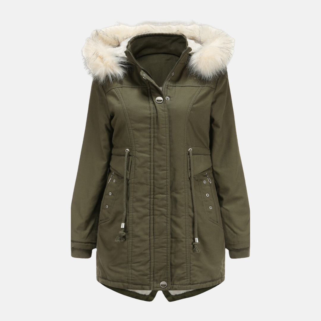 Women's mid-length parka jacket tailored fit weather-resistant removable faux fur hood