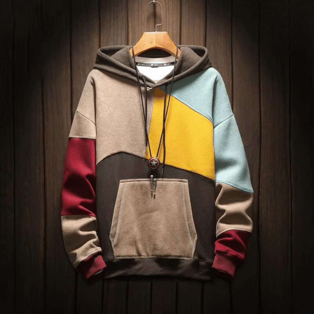 Unisex colorblock pullover hoodie with geometric pattern, kangaroo pocket, and adjustable drawstring hood