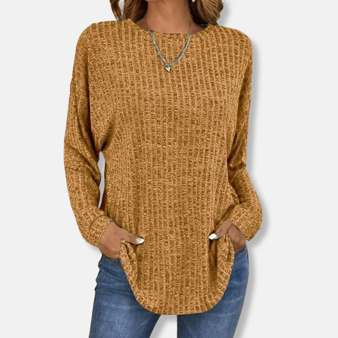 Women's ribbed knit pullover top relaxed fit long sleeve curved hem cozy fall winter sweater