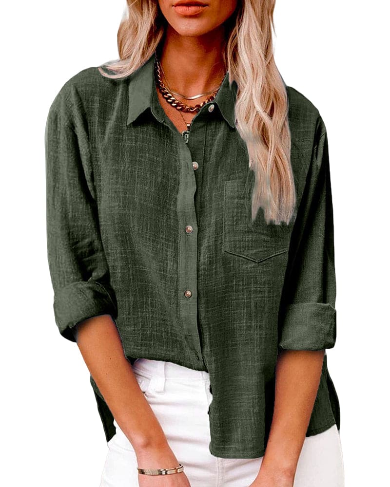 Women's casual long sleeve button-down shirt relaxed fit with soft drape, effortless everyday style