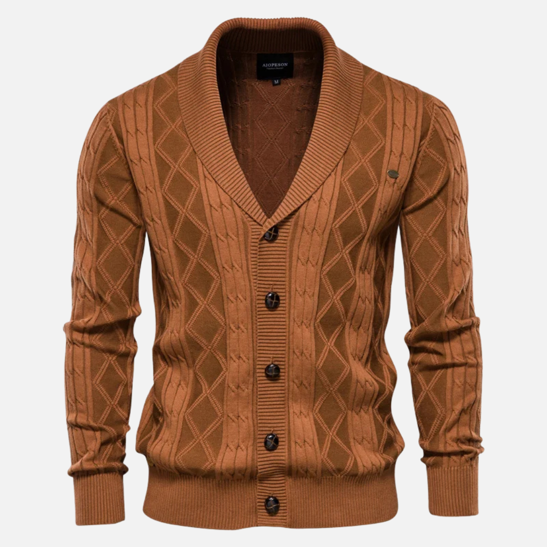 Men's argyle knit cardigan shawl collar cotton blend classic pattern timeless fall style