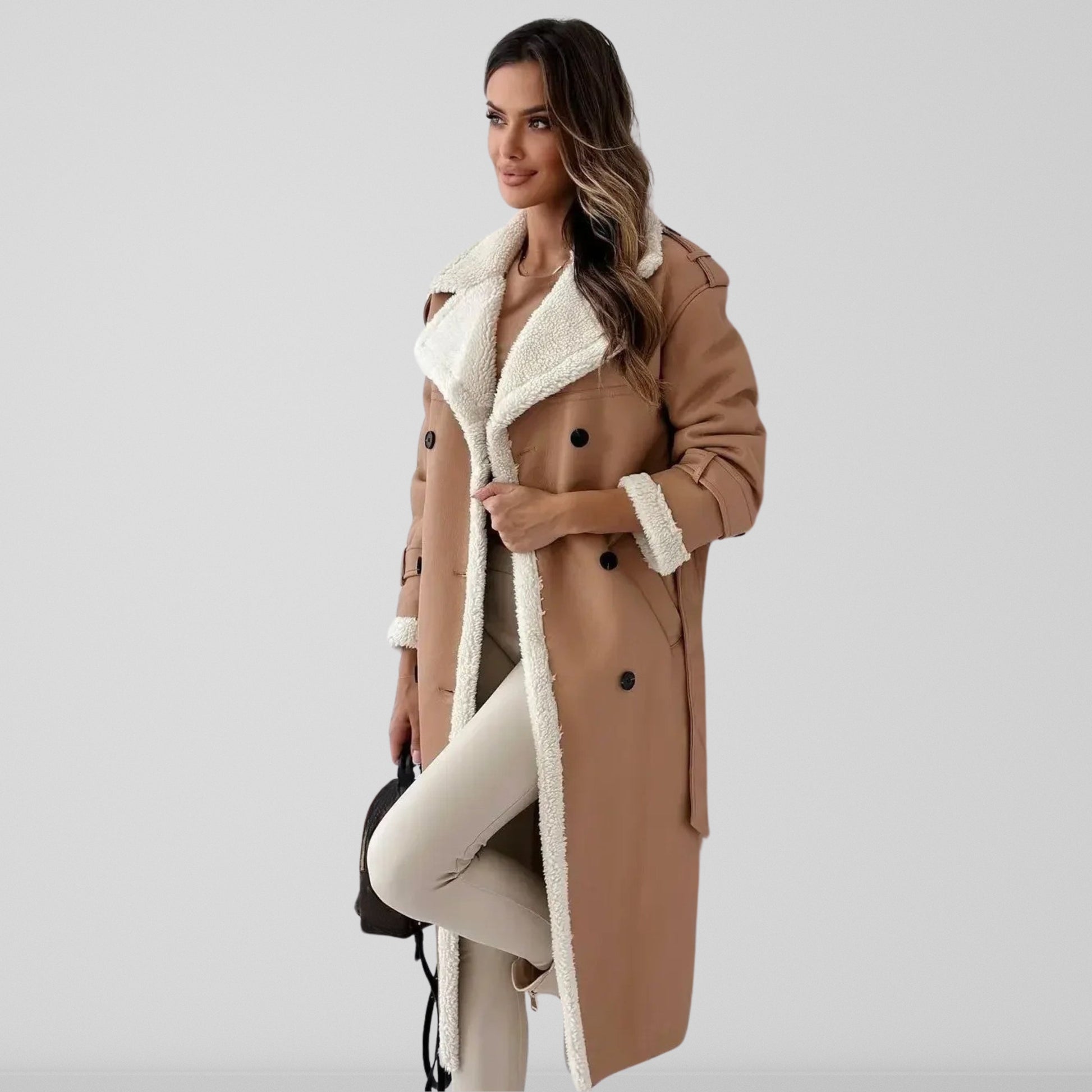 Black faux leather trench coat double-breasted belted waist with shearling trim oversized fit