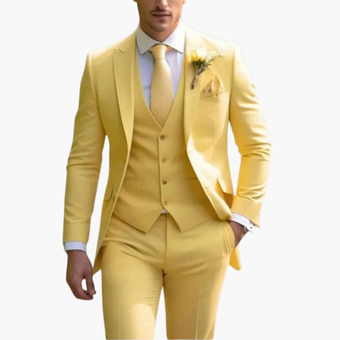 Men's charcoal three-piece formal suit set with two-button jacket, vest, and tailored pants