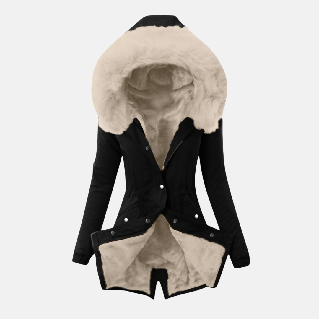 Women's cozy slim fit mid-length jacket with plush-lined hood, adjustable waist, and flap pockets