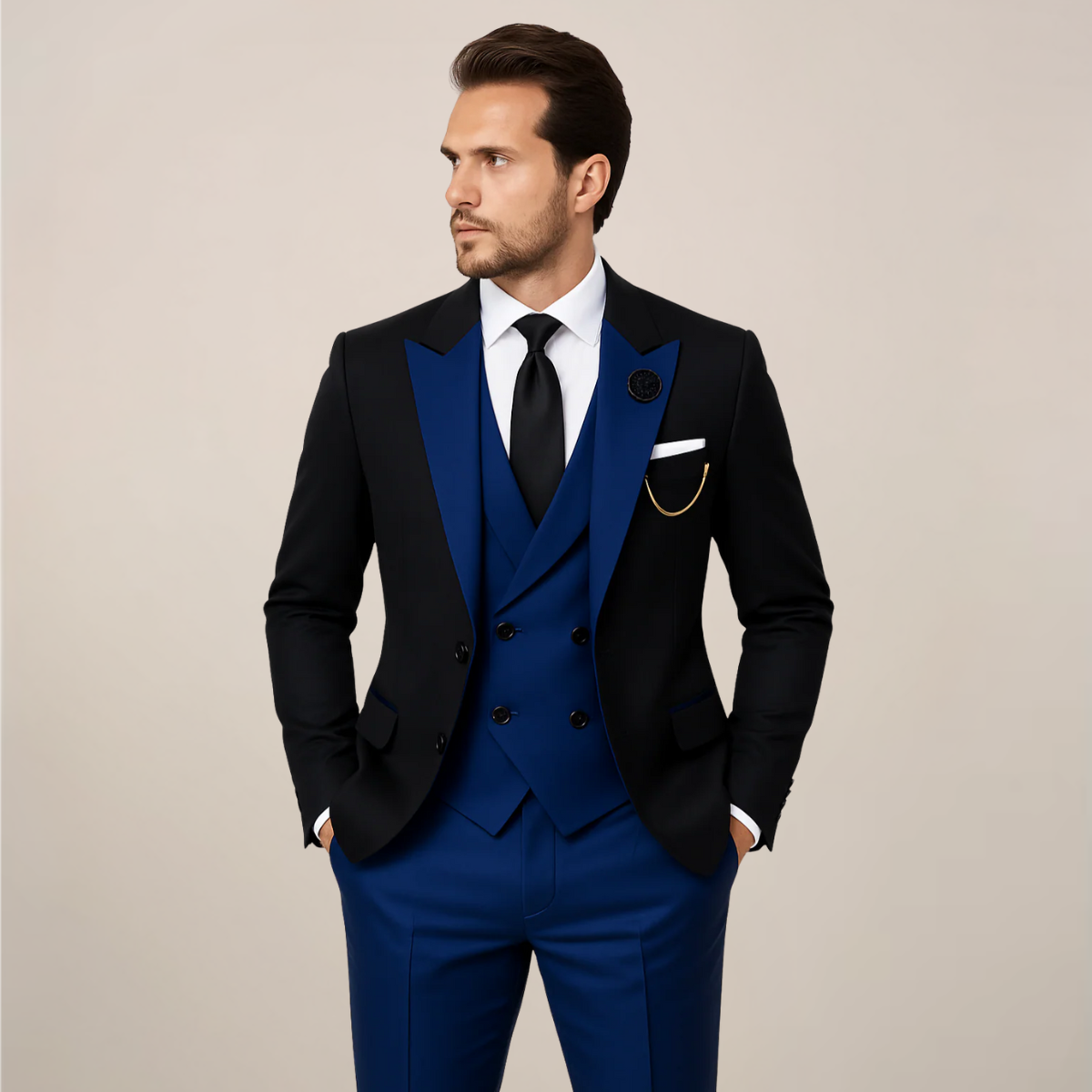 Men's black three-piece dinner suit tailored fit with contrast lapels for black-tie events