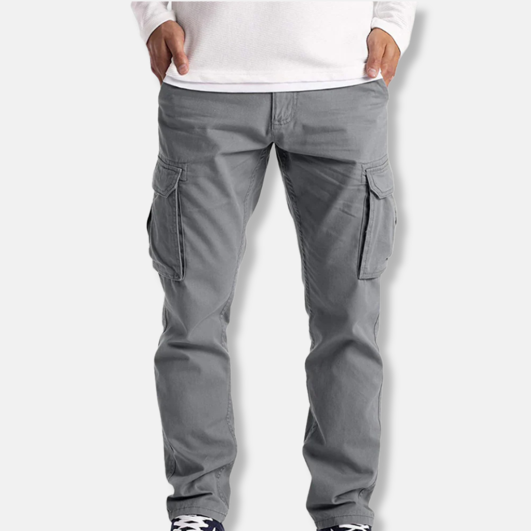 Men's cotton blend straight-fit cargo pants full-length cut with practical multi-pocket design