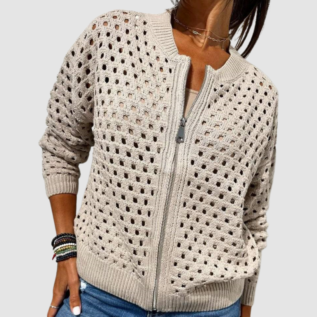 Women's zip-front knit cardigan with light openwork texture, relaxed silhouette for effortless layering