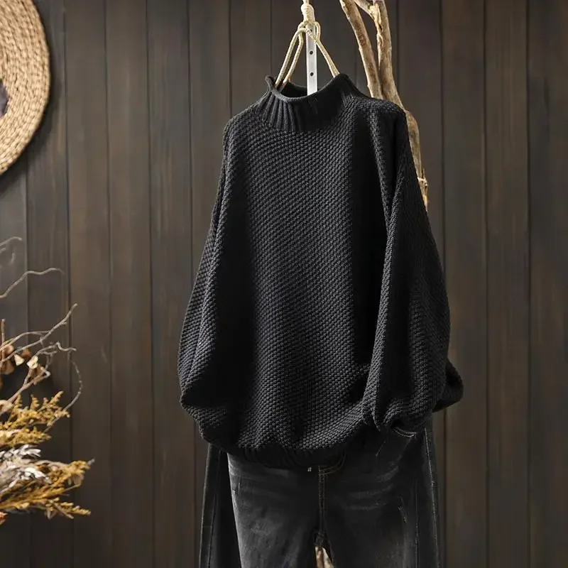 Ivory relaxed-fit cotton blend pullover sweater with distinctive honeycomb knit textured weave