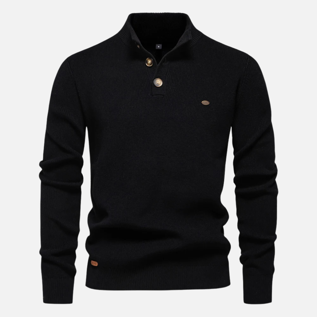 Men's wool blend slim fit turtleneck sweater with button details and rib knit texture
