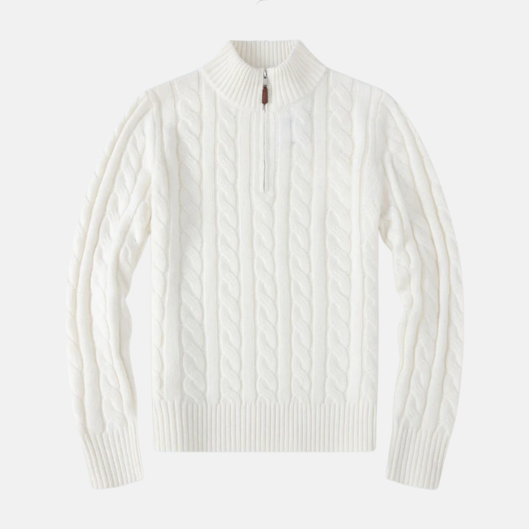 Men's cable knit cotton blend half zip sweater with stand-up collar smart casual style