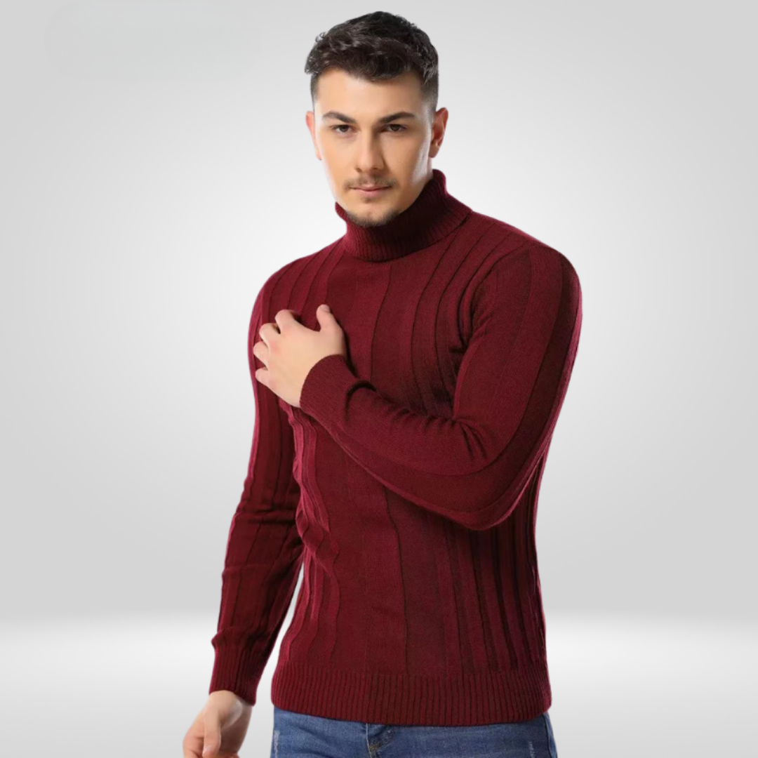 Men's ribbed turtleneck sweater slim fit structured silhouette versatile cool-weather layering piece