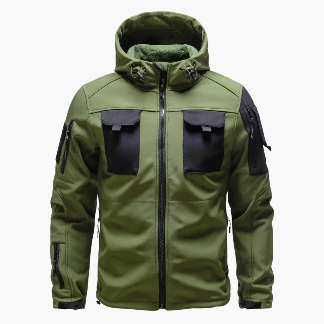 Men's black softshell hooded jacket with full-zip front, adjustable cuffs, and multiple pockets