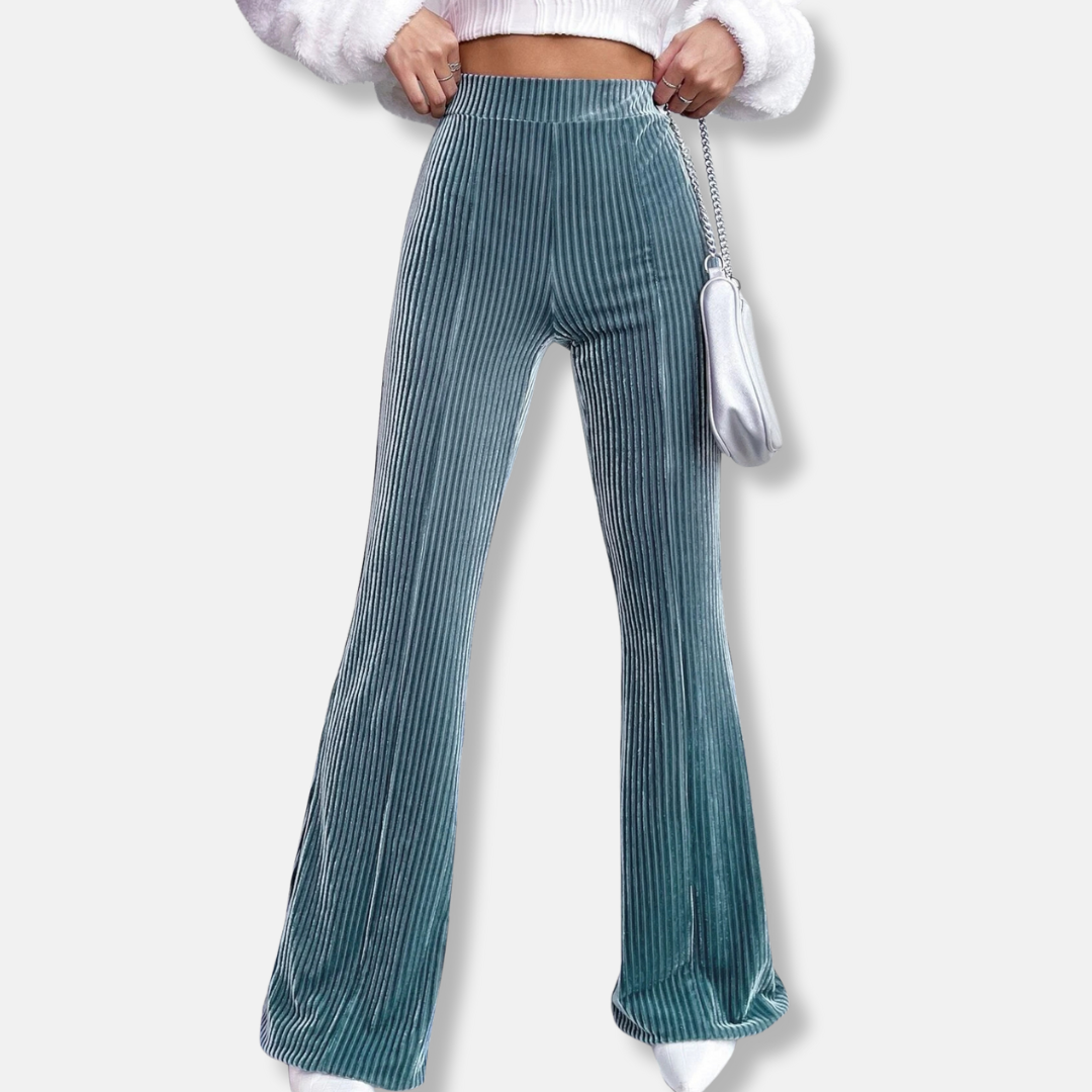 Women's burgundy velvet ribbed flare pants high waist wide leg pull-on silhouette