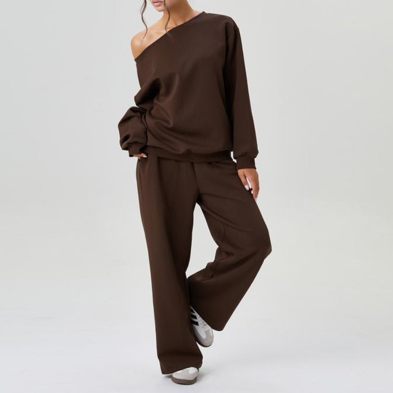 Women's soft knit co-ord set draped shoulder top and wide-leg trousers two-piece matching outfit