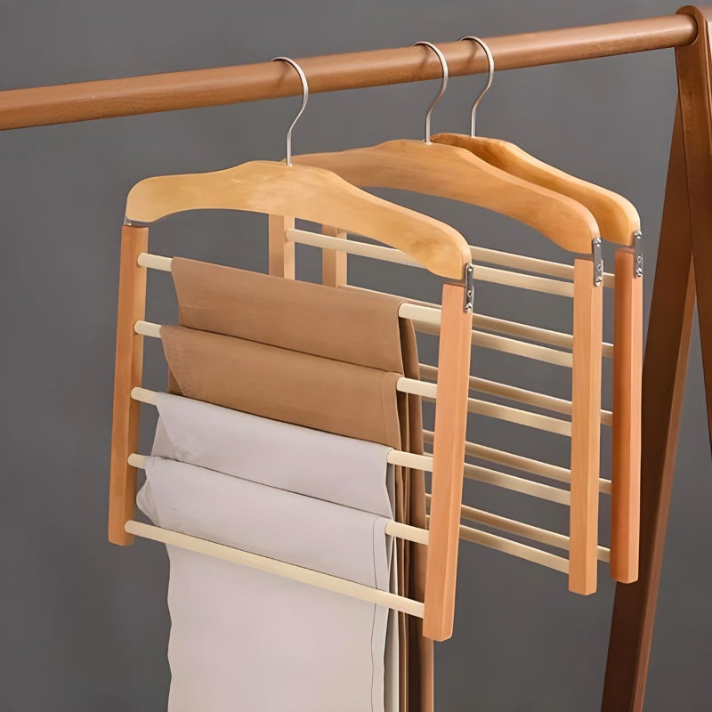 Solid oak multi-bar pants hanger space-saving wardrobe organizer holding five pairs slim frame