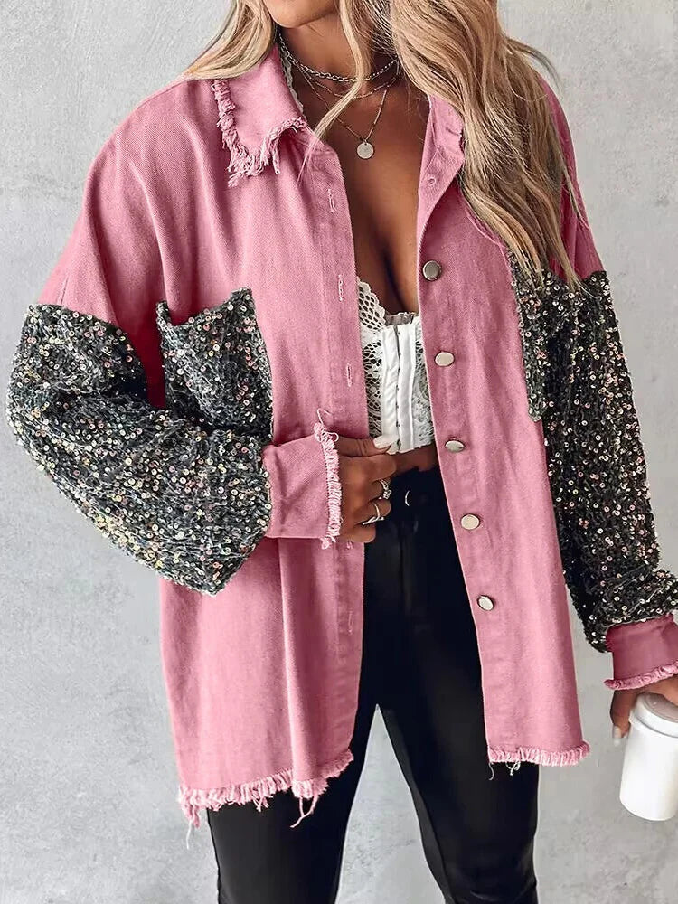 Women's sequined denim jacket with contrast sparkle detail, bold street style everyday outerwear