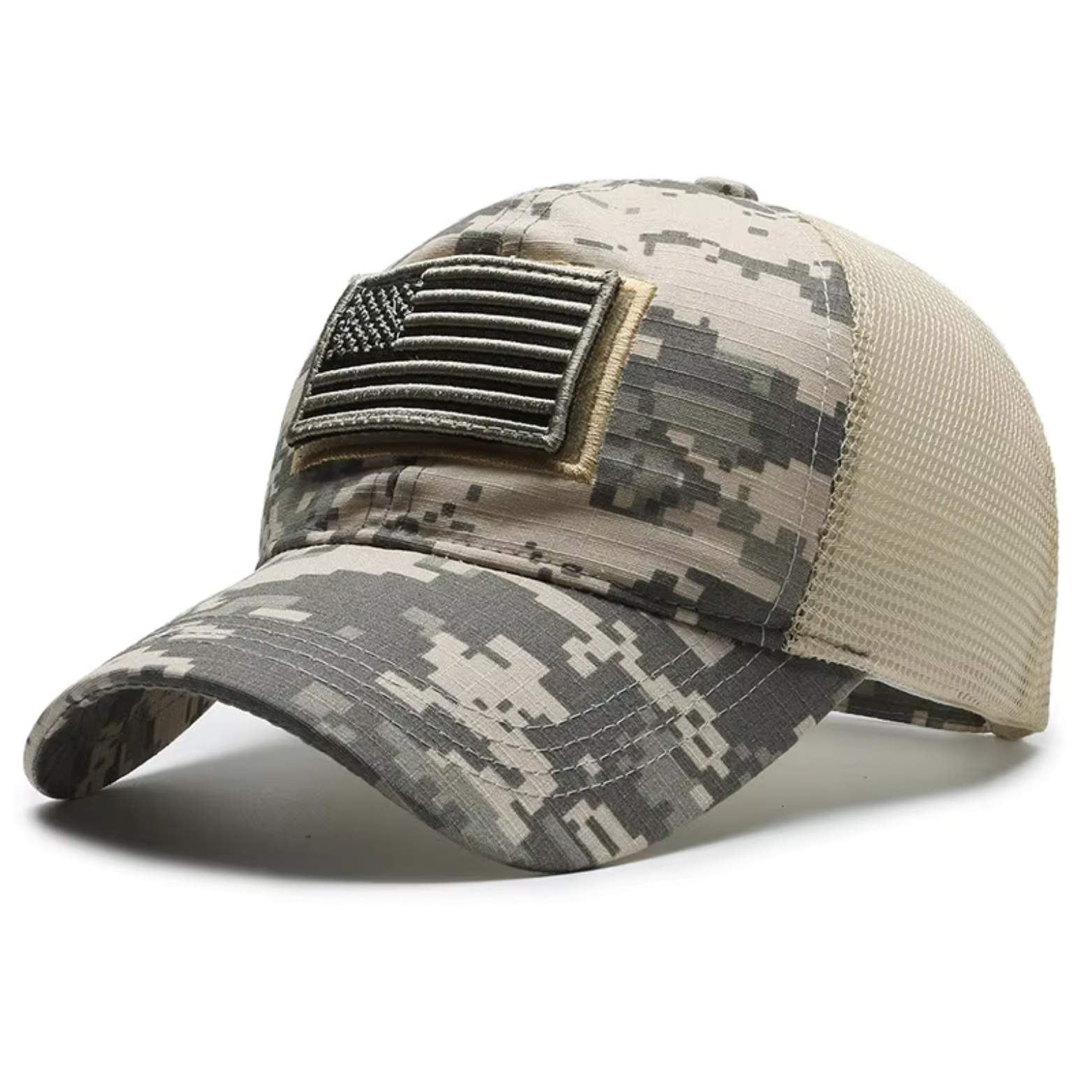 Tactical digital camo patch cap with moisture-wicking sweatband and glare-reducing brim for outdoor use