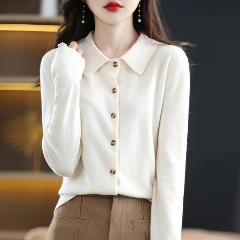 Women's soft knit button-up top tailored silhouette with distinctive tortoiseshell buttons