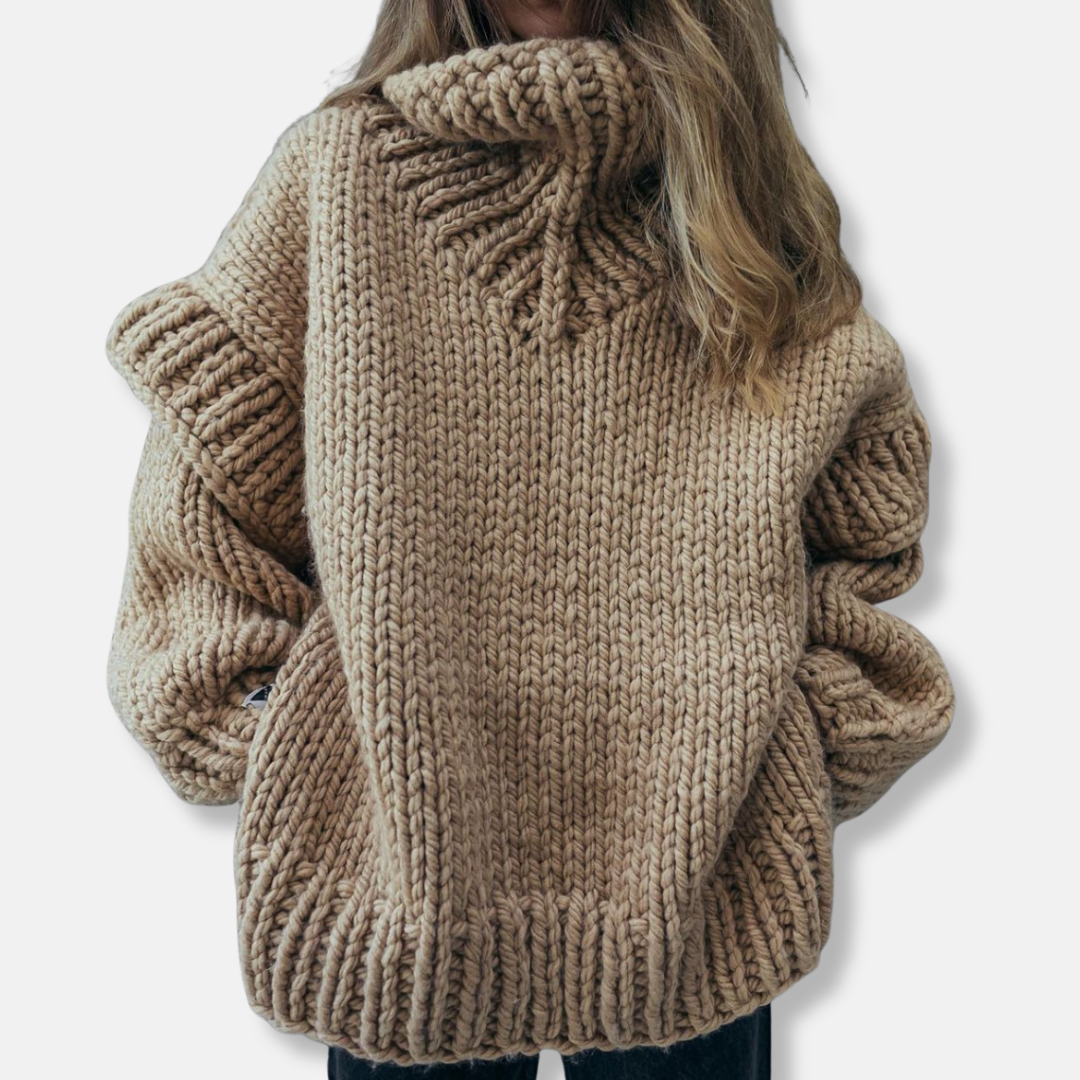 Women's oversized chunky knit wool turtleneck pullover sweatshirt in cozy casual style