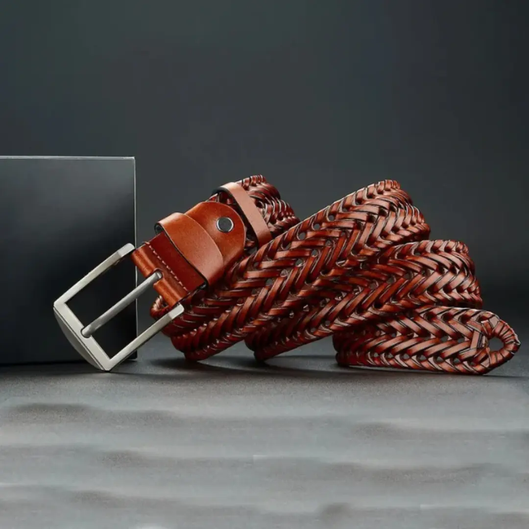 Brown braided cowhide leather unisex belt with polished buckle, artisan-crafted for everyday wear