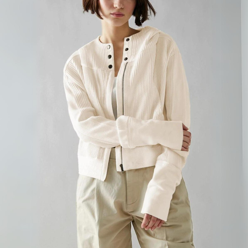 Women's cropped textured knit hoodie with hybrid button-zip closure for lightweight casual warmth